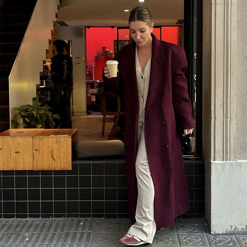 Fashion Burgundy Red Double Breasted Overcoat Women Lace Up Loose Lapel Pockets Long Sleeve Coat New High Street Outerwear
