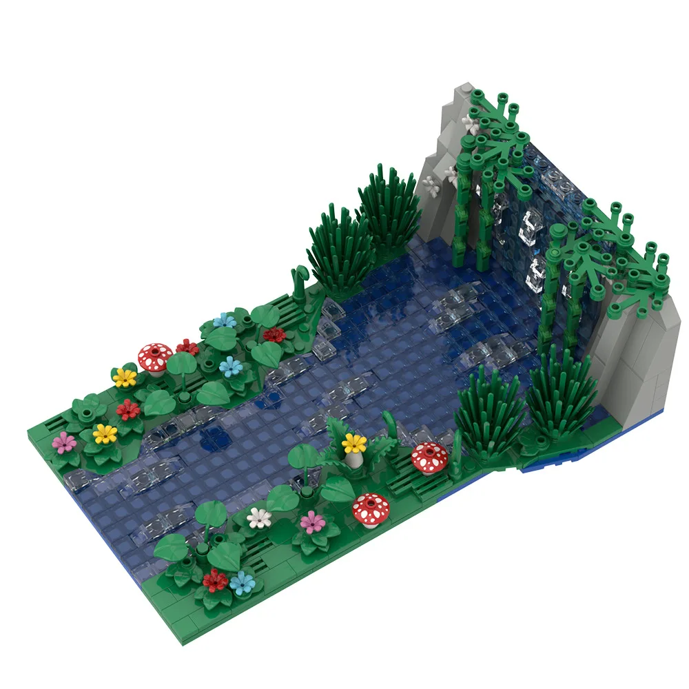 647pcs Waterfall Scene Moc Building Blocks Set Creative Pond Flower Mushroom Small Particle Assembled Bricks Model Kids Toy Gift