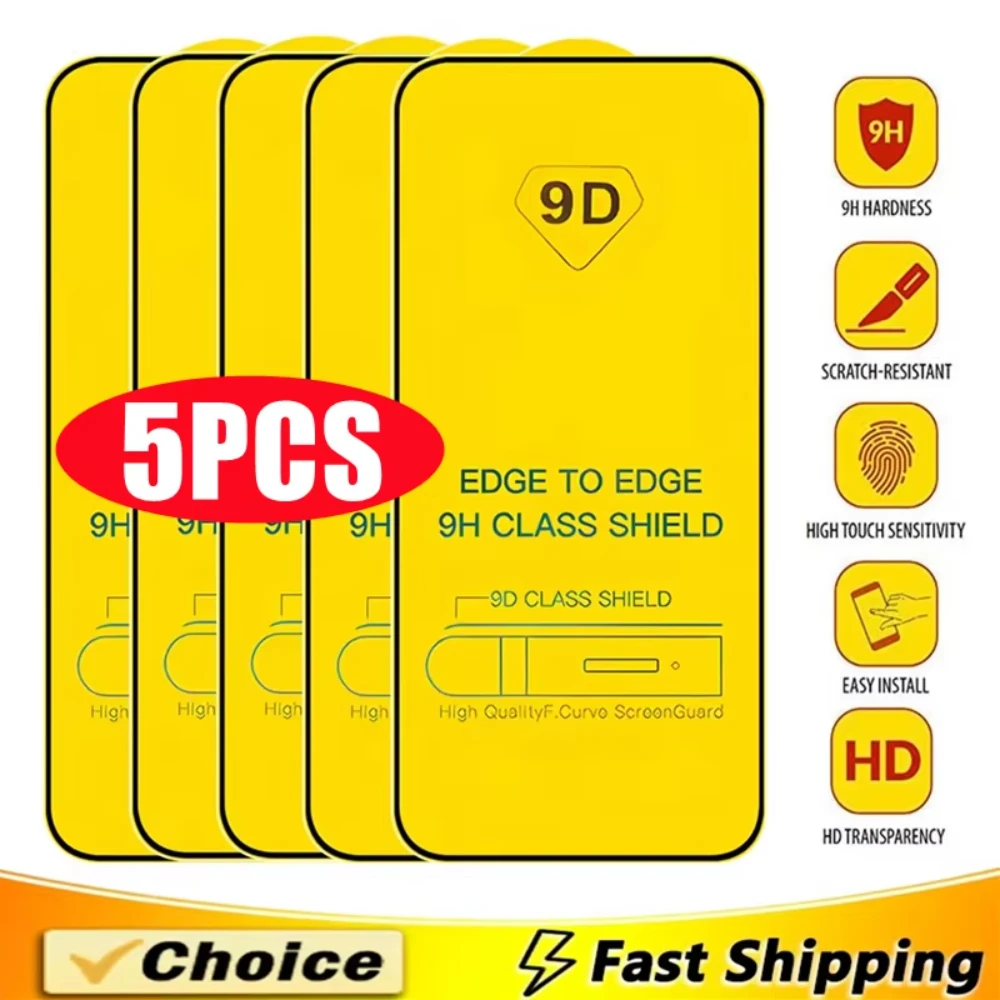 5枚入り 9D保護ガラス iPhone 17 16 12 13 14 15 Pro Max Plus 16e 17e Air用 強化ガラス 全面保護スクリーンプロテクター
