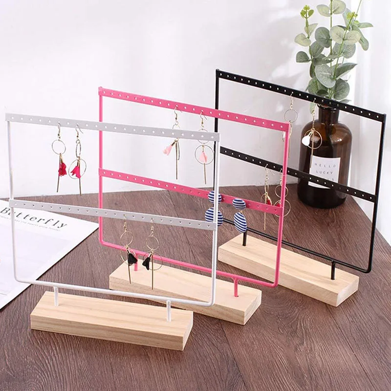 24/44/66 Holes Stand Jewelry Display Organizer Earrings Pendants Bracelets Jewelry Holder With Wooden Base Earrings Storage Rack earring holder jewelry display jewellery ear studs pendant stand wooden base metal storage rack various holes