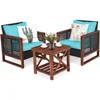 3 Pieces Patio Wicker Furniture Set, Rattan Outdoor Sofa Set w/Washable Cushion & Acacia Wood Coffee Table, Conversatio 2