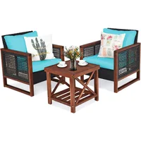 3 Pieces Patio Wicker Furniture Set, Rattan Outdoor Sofa Set w/Washable Cushion & Acacia Wood Coffee Table, Conversatio 2