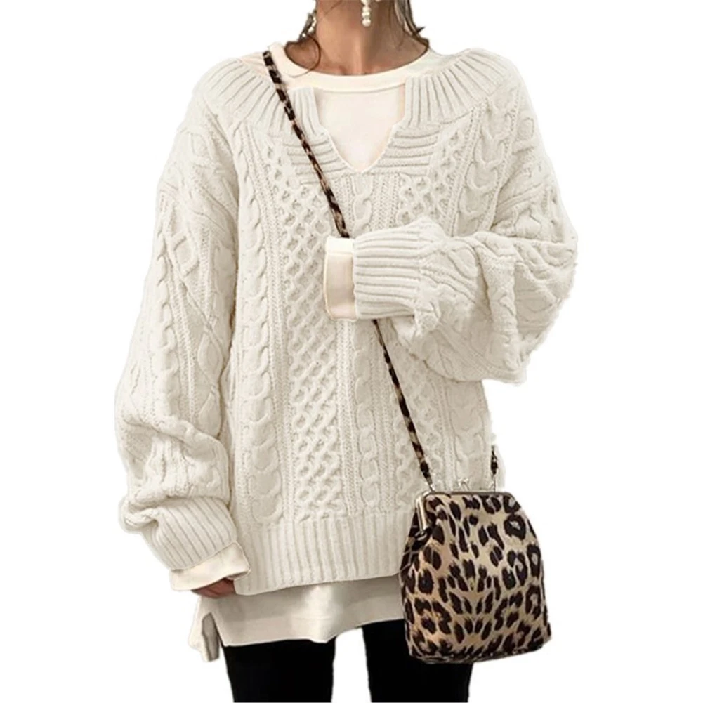 

Women Cable Fried Dough Twists Pattern Knitted Sweater Chunky Jumper Baggy Tops Oversized Pullover Casual Female Sweaters