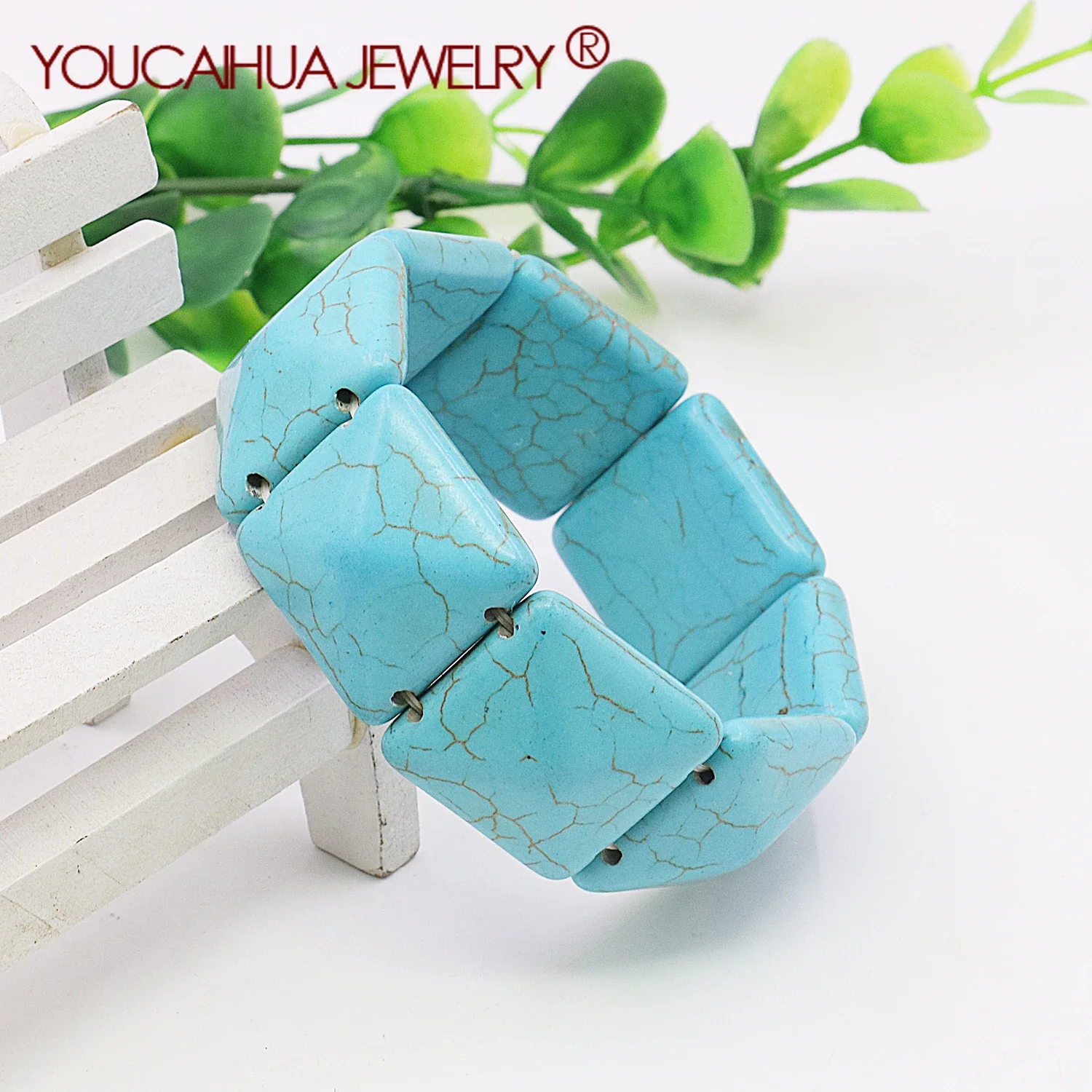 

25mm Blue Natural Turquoise Bead Bracelet,Square Shape,Personality Bracelet Jewelry,Unisex gift,7.5inch,Jewelry Design/Making