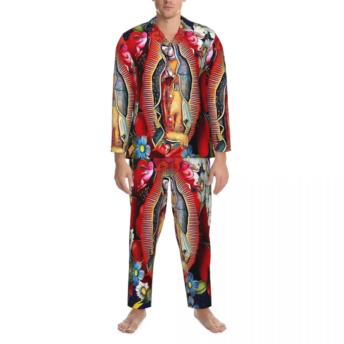 

Mexican Virgin Mary Pajamas Set Spring Our Lady of Guadalupe Romantic Sleepwear Women 2 Piece Casual Oversize Design Nightwear