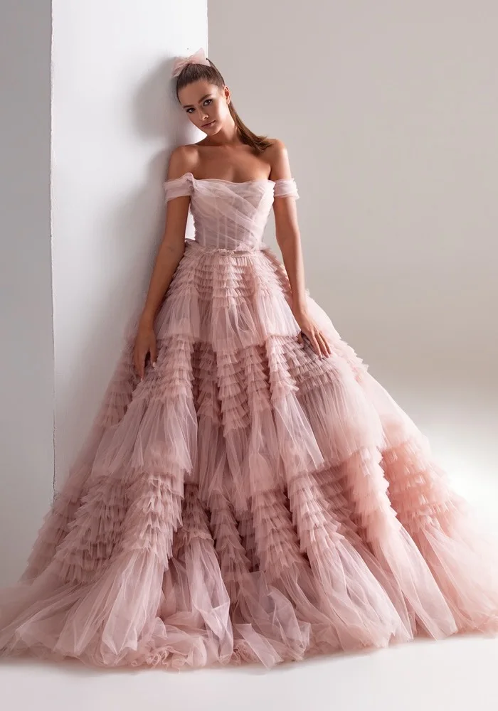 

Linyang Pincess Off Shoulder Tiered Prom Dress Floor Length A Line Ball Gown Elegant Women Wedding Party Gowns
