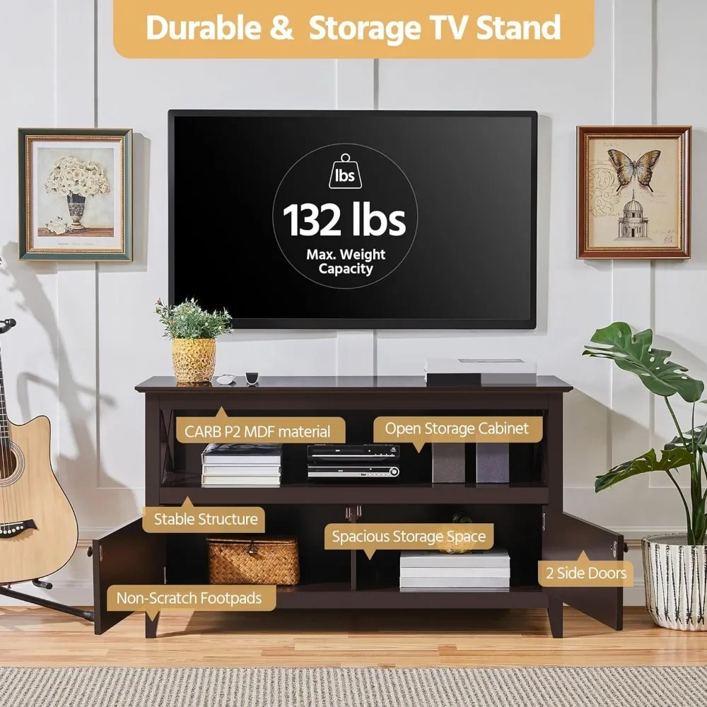Wooden TV Stand for TVs Up to 50 inch,Media Entertainment Center Table,TV Cabinet Table with Storage Open Shelf&2 Doors Espresso