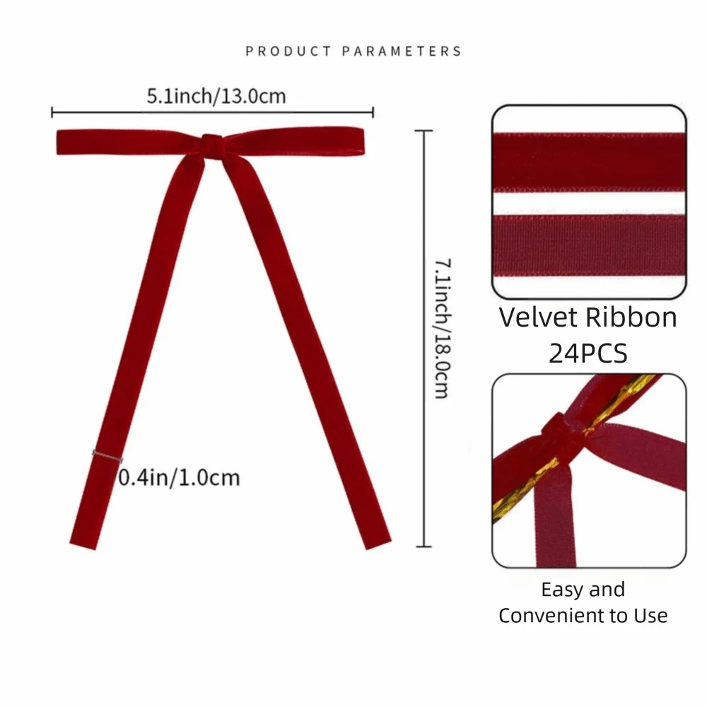 24Pcs Velvet Material Christmas Tree Bows Cable Tie 24pcs Set DIY Handmade Bows Slender Design Multi-functional