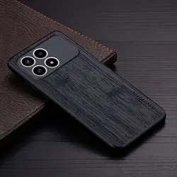 Luxury Faux Leather Wood Grain Phone Cover for Poco F6 (Black)
