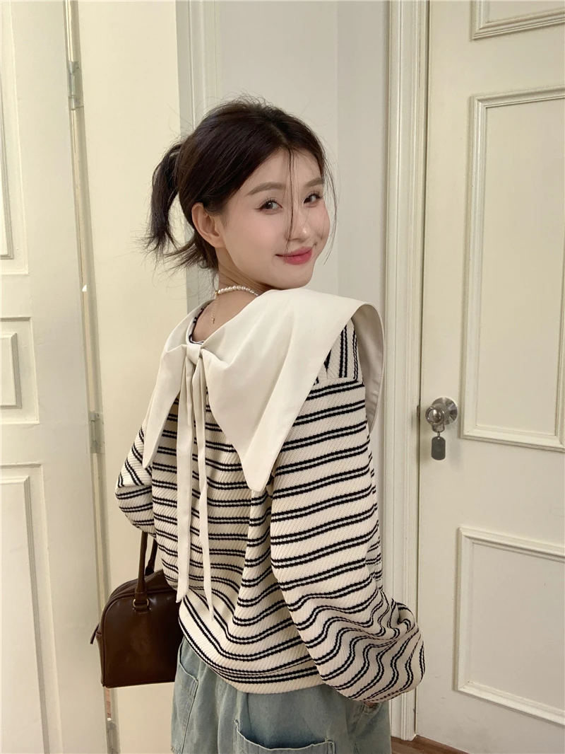 

Женские повседневные полосатые толстовки с воротником «Питер Пэн», 7L697