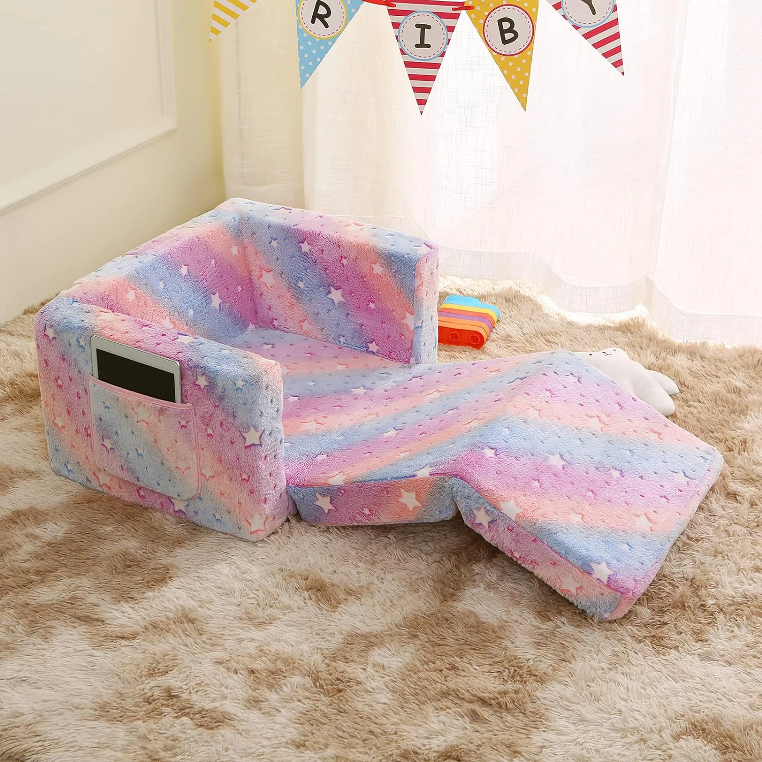 Foldable Kids Sofa, Glow-in-The-Dark Kids Couch Chair, 2-in-1 Convertible Child Recliner Foldable Children Couch Bed