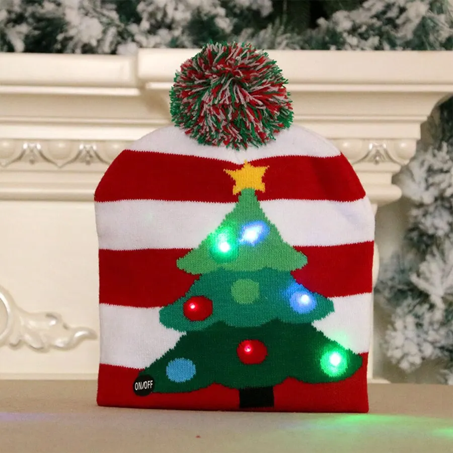 LED Christmas Knitted Hat Light Up Xmas Beanie Cap Unisex Winter Beanie Sweater Hat with Colorful LEDs for Christmas New Year