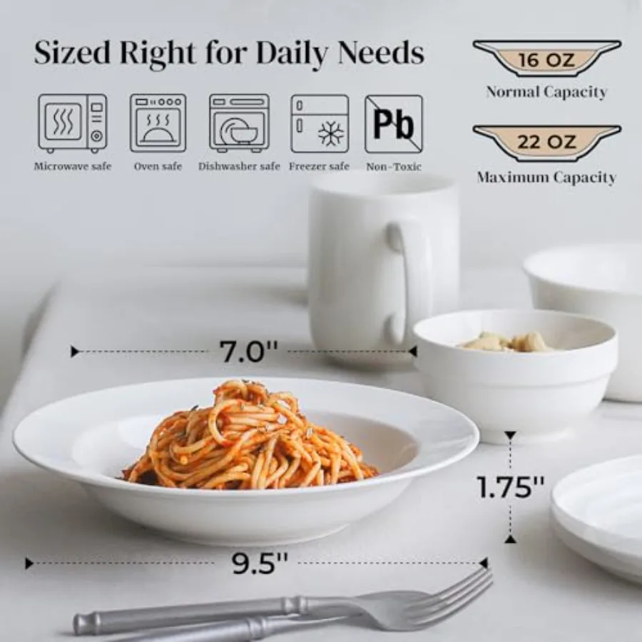 20 oz White Porcelain Soup & Pasta Bowls Set of 4 – Wide Rim Salad Plates 2