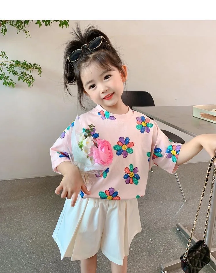 1 قطع الصيف الاطفال زهرة طباعة قمم ملابس الفتيات الكورية نمط قميص الأطفال قصيرة الأكمام تي شيرت الطفل عارضة الراحة تي شيرت