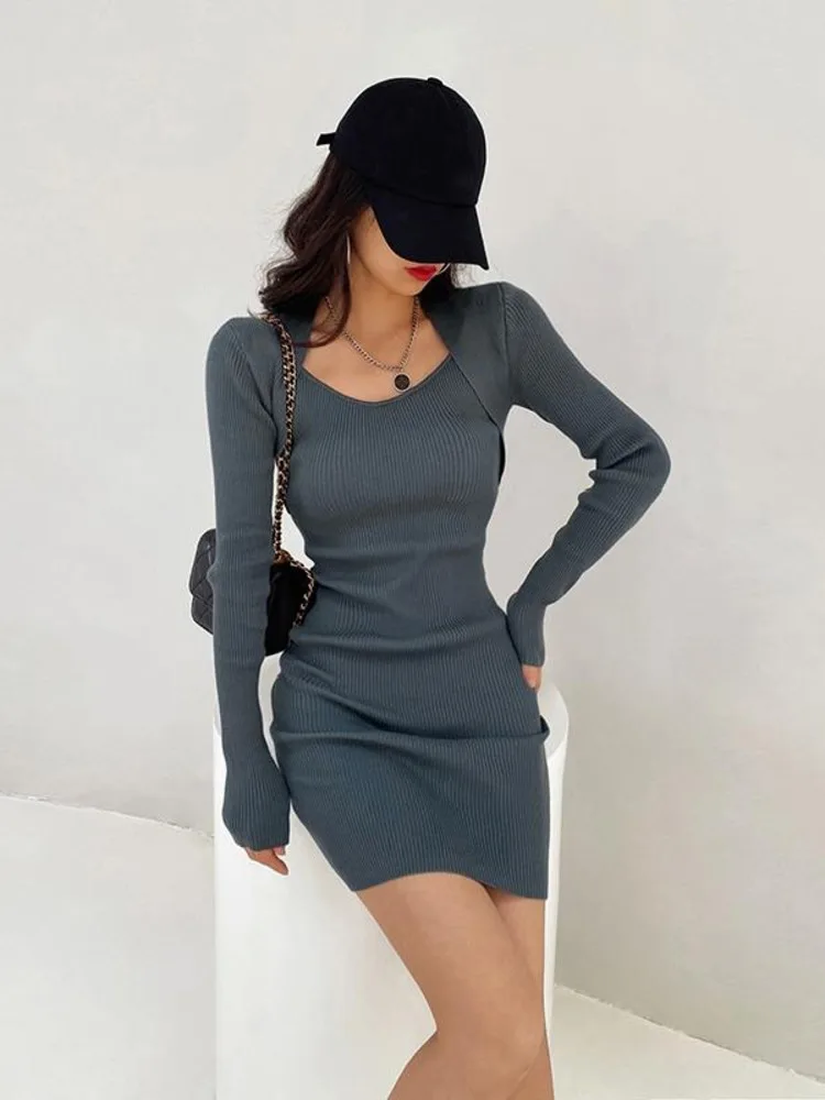

GGRIGHT Simple Casual Style Sexy Slim Fit Knit Mini Dress Square Neck Long Sleeve Skinny Fashion Women's Clothing
