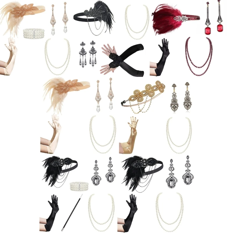 

Flapper Costume Accessories Feathers Headband Necklace Earrings for 1920s Party M6CD