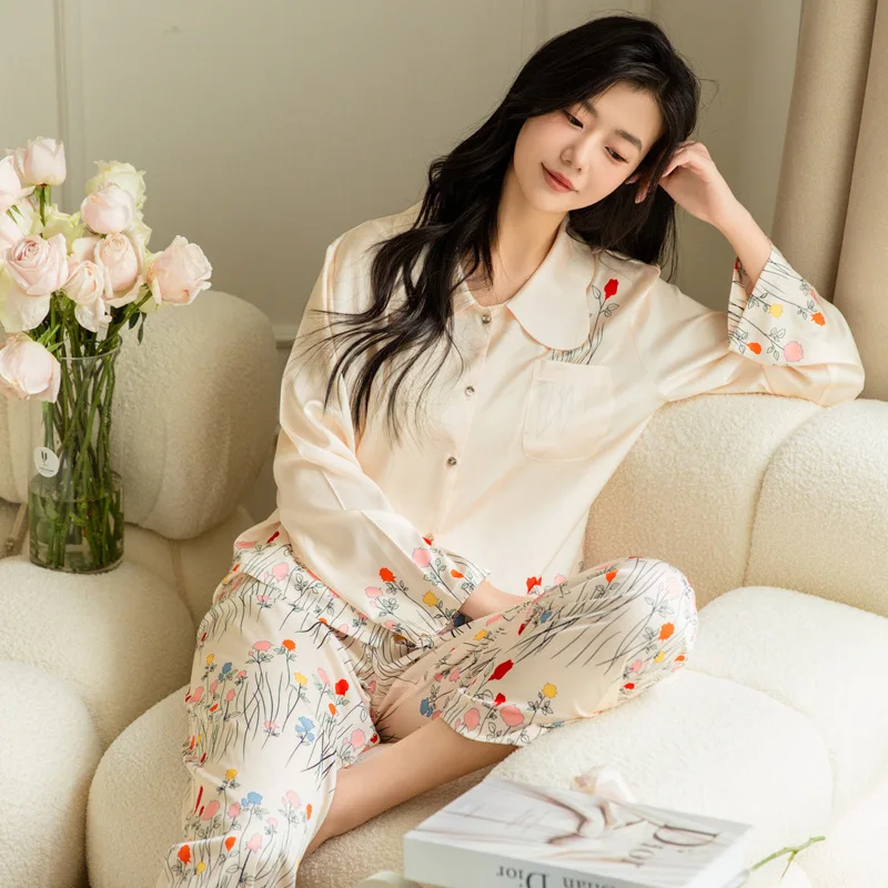 용수철 세트 레이디 잠옷, 긴팔 셔츠 및 바지, 새틴 바지 세트, 라펠 잠옷 라운지웨어, 여름 신상, 2 개