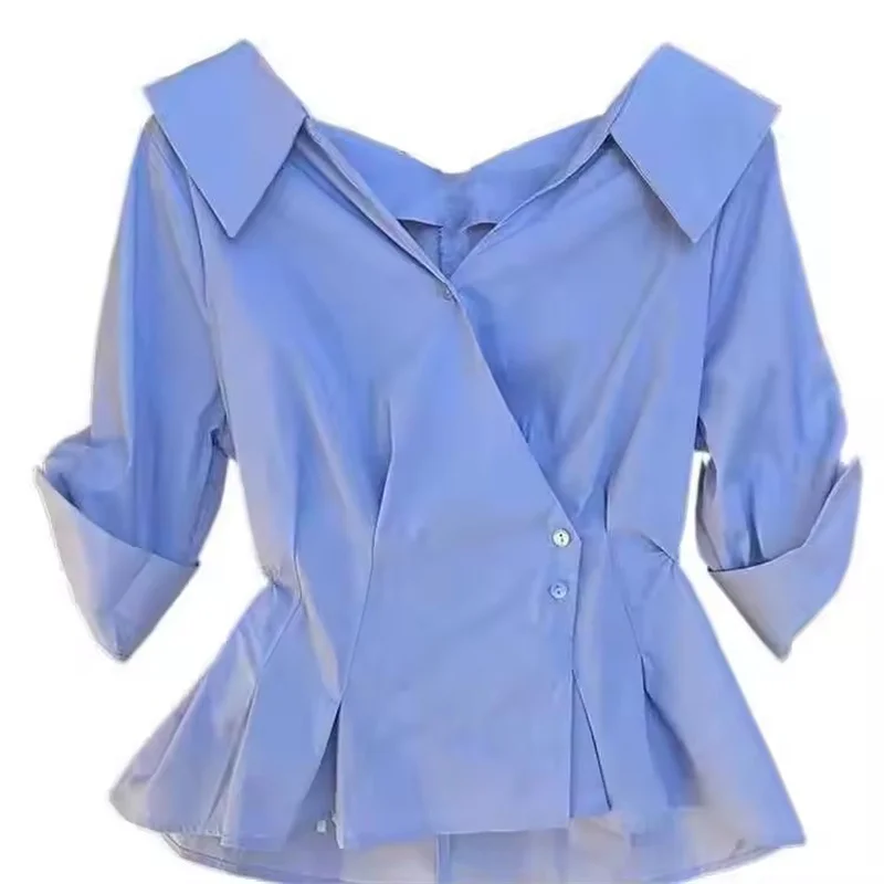 Elegant Short Sleeve V-Neck Shirt Women's Slim Blouse 2025 New Korean Commute High Waist Side Buckle Tops Female 6