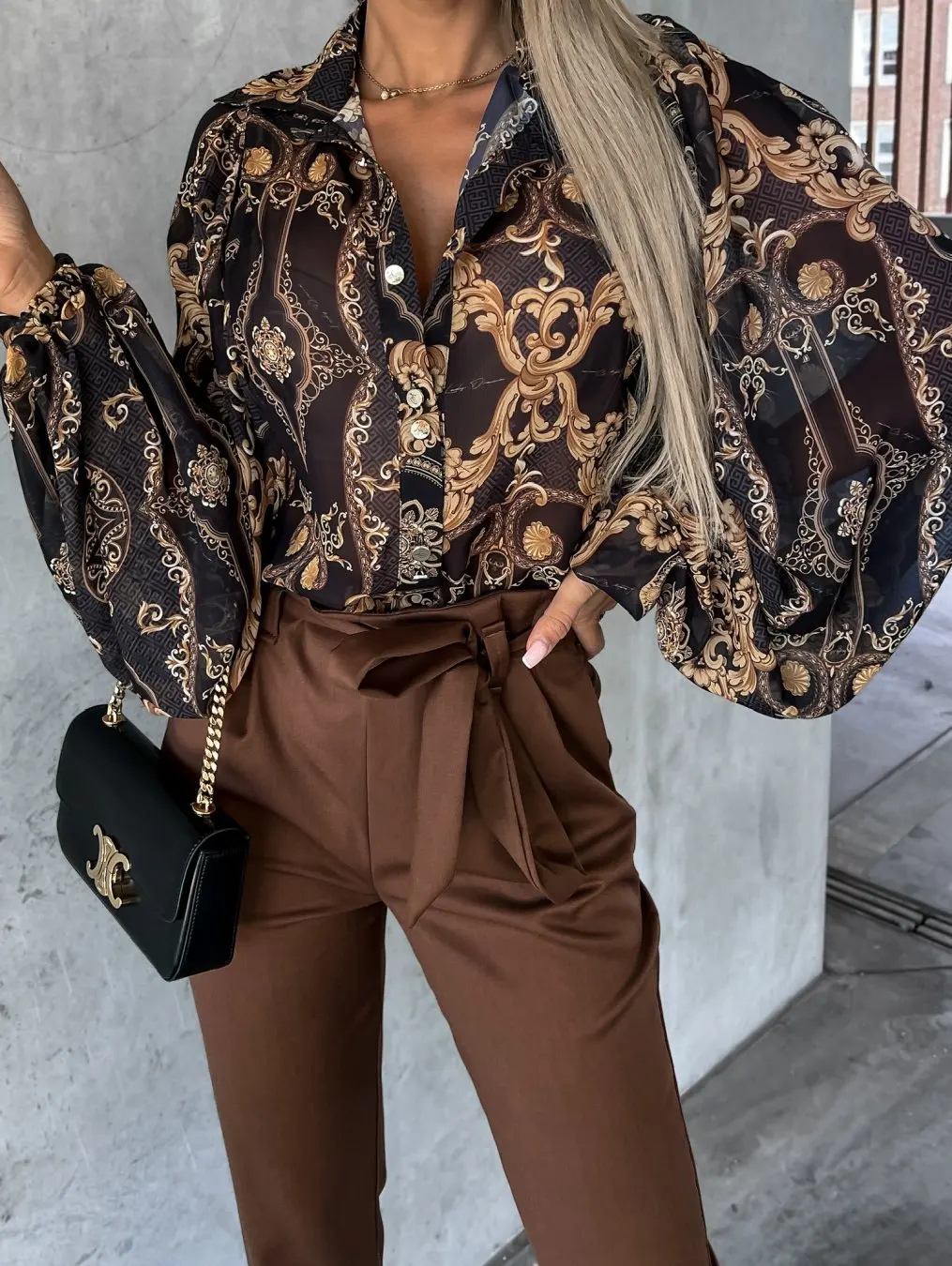 Women's New Sexy Fashion Leisure Commuting Vacation Style Versatile Loose Plant Flower Printed Long Sleeved Shirt