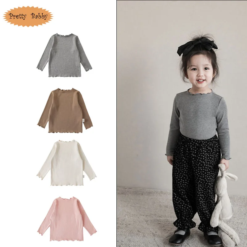 

Baby Girls Korea Bottom Top Solid Color T-Shirt Spring Autumn Children Cotton Long-Sleeve Basic Shirts Kids Clothes Top Tees