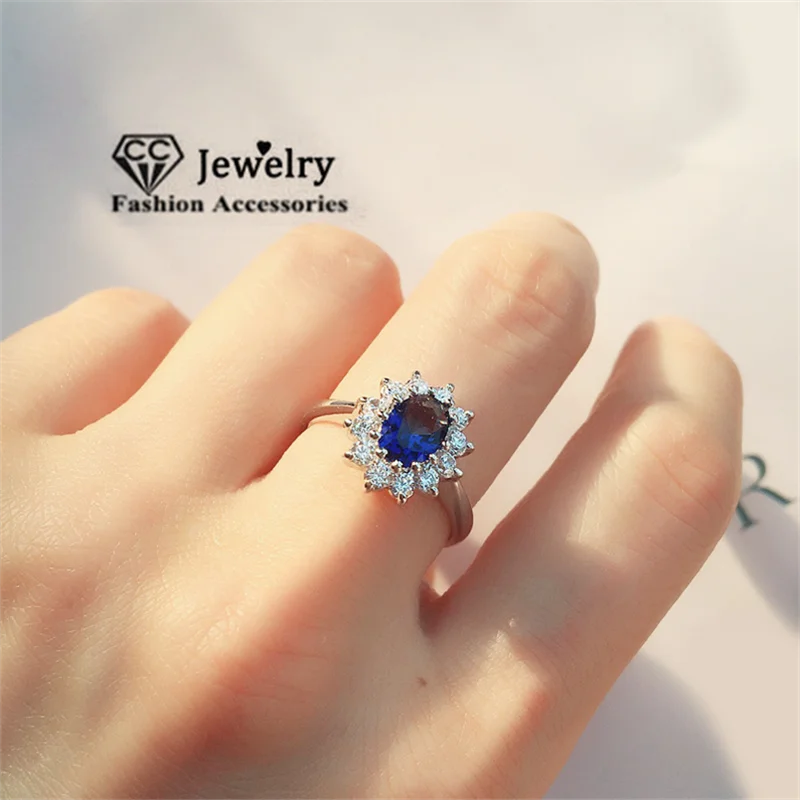 CC Princess Diana Rings Blue Stone Silver Color Fashion Jewelry