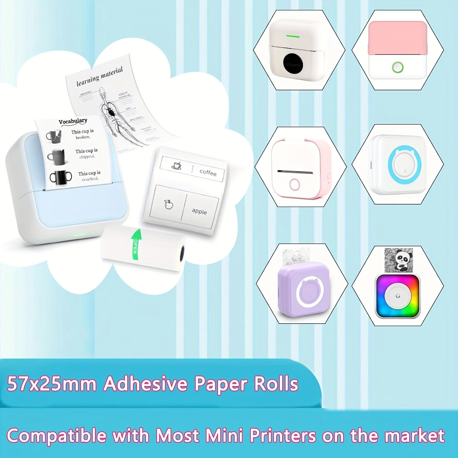 15롤 흰색 감열 스티커 용지 57x25mm C13/C15/C17/C19 미니 프린터 스티커, 메모, 인쇄된 라벨과 호환 가능