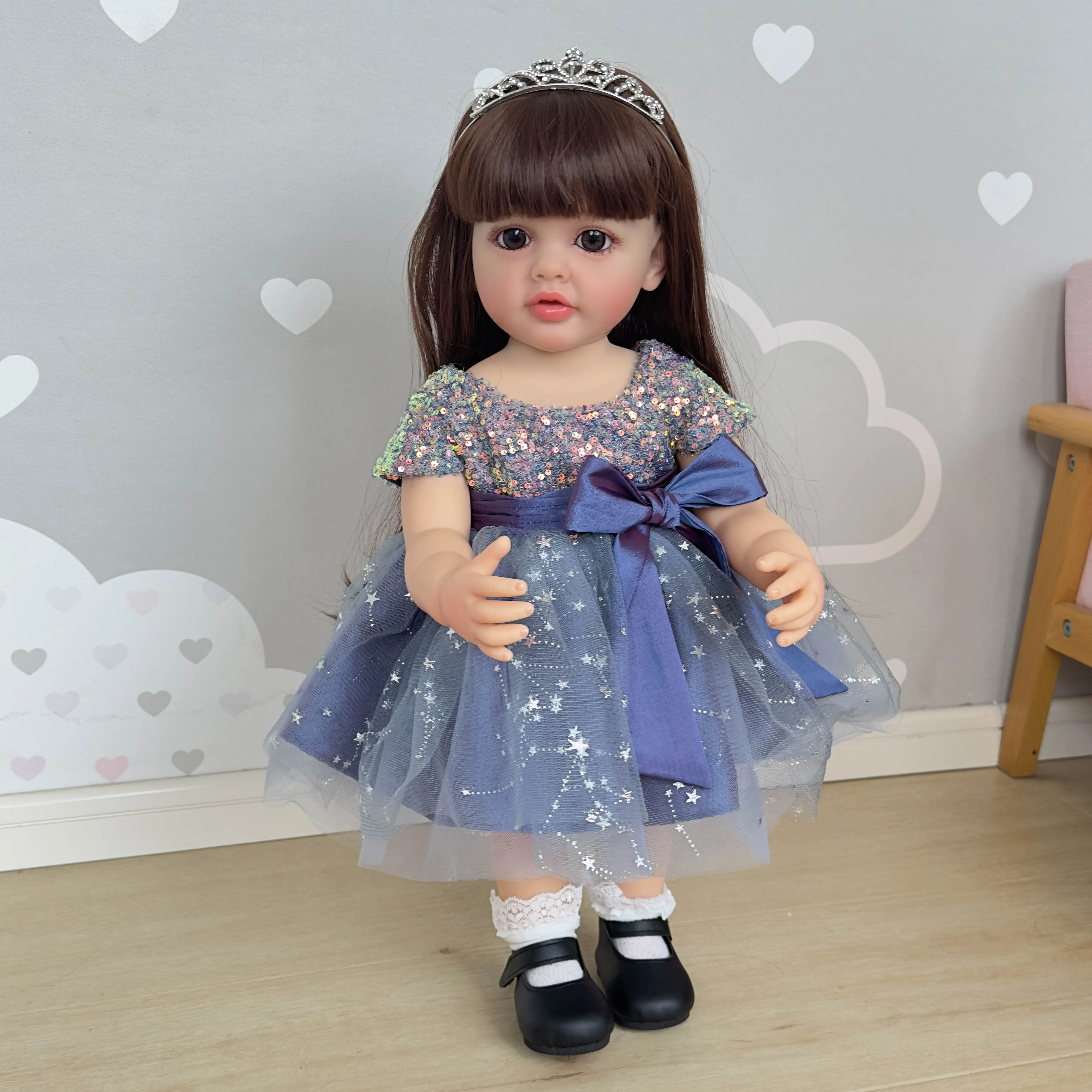 NPK 22inch Full Body Standing Toddler Girl Doll Reborn Princess Betty Long Hair in Dress Soft Cuddly Body Gifts for 2