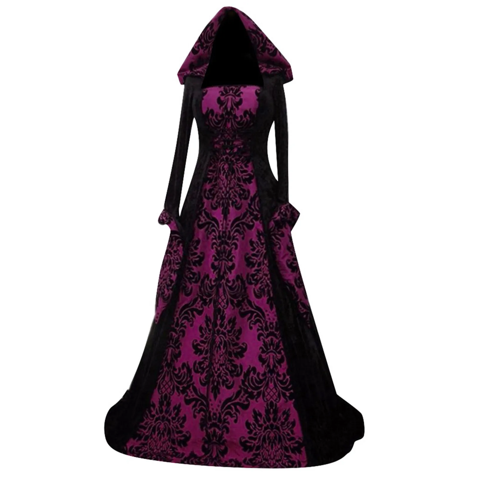 Description Picture 4 of item2024 Halloween Party Costume Vintage Scary Cosplay Gothic Long Sleeve Hooded Wicca Witch Medieval Long Gown Retro Women Dresses