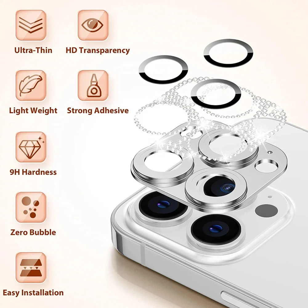 Luxury Glitter Camera Lens Protector - Full Cover Metal with Tempered Glass