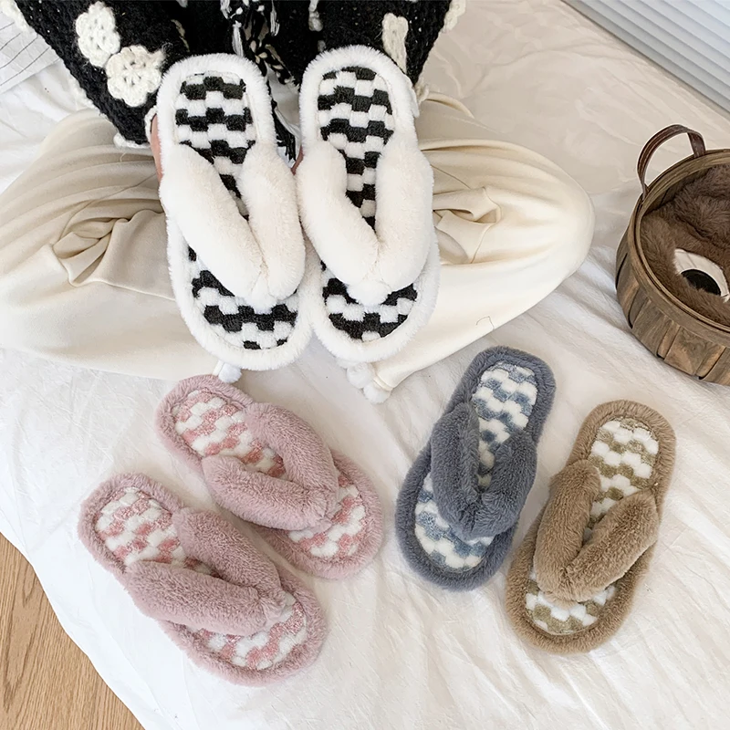 Autumn Winter Plush Flip Flops Women Korean Plaid Soft Sole Cotton Slippers Woman Anti Slip Flat Heel Fluffy Home Shoes Ladies