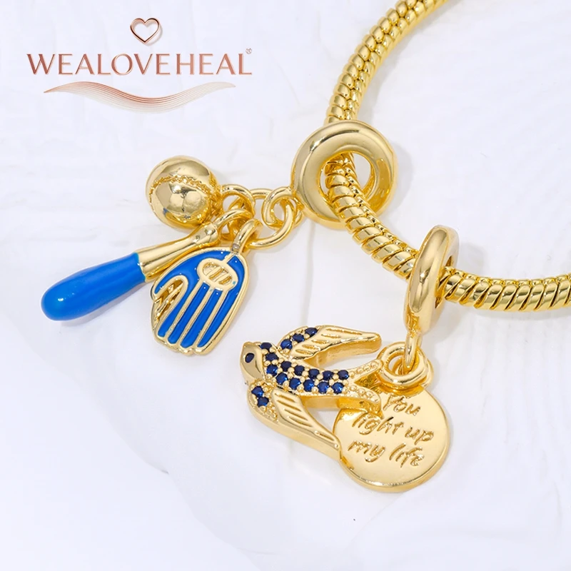 charms für armbänder,18K vergoldete blaue Emaille-Anhänger in Form von Reise-, Baseball-, „You Light Up My Life“-Vogel- oder Doppelherz-Motiven für DIY-Armbänder und Schmuckherstellung – Detail 21