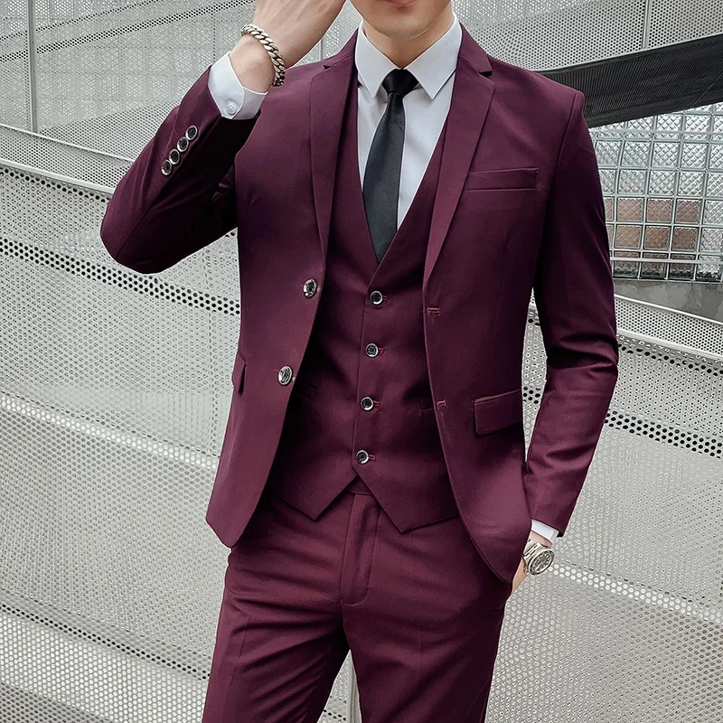 suit 6XL (Blazer+ Vest + Pants) Men's Fashion Casual Gentleman Slim Fit Work solid color outdoor Business wedding banquet suit