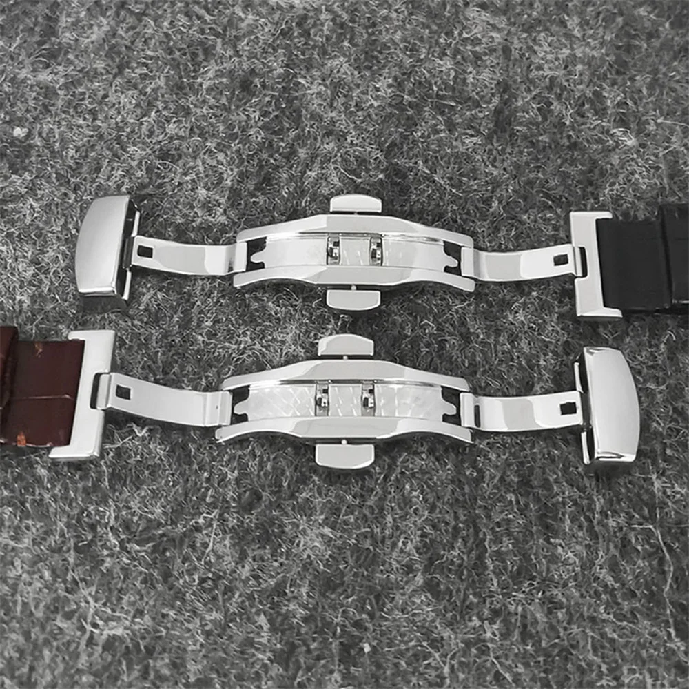 High Quality Genuine Leather Watch Strap 19mm Black/Brown Butterfly Double Buckle Watch Bands Replacement Accessories