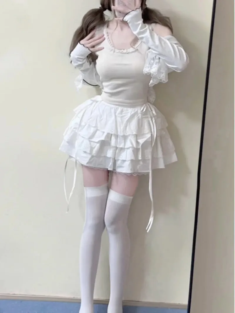Summer White Mini Skirts Women Lace Patchwork Sweet A-line Slim High Street Bow Korean Fashion Y2k Skirt Harajuku Streetwear Ins