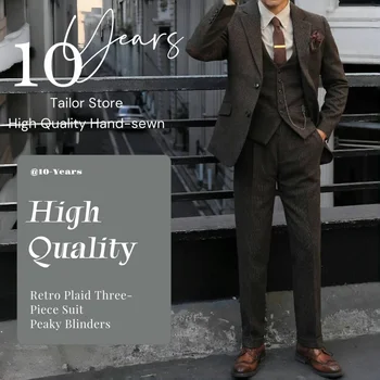 Peaky Blinders Abito da uomo in 3 pezzi di lana scozzese vintage Autunno/Inverno Giacca pesante nuovo stile + Gilet + Pantaloni Abito formale slim fit 1