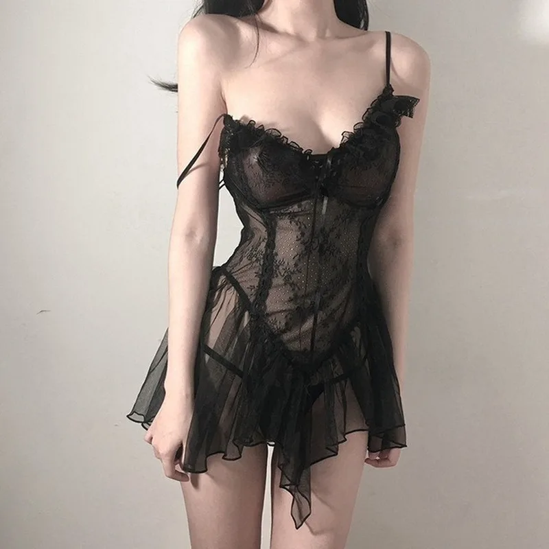 Lingerie Sexy Black Lace Bodysuit Adult Underwear Erotic Babydoll Sleepwear Slim Dress Lolita Perspective Nightdress Lingerie