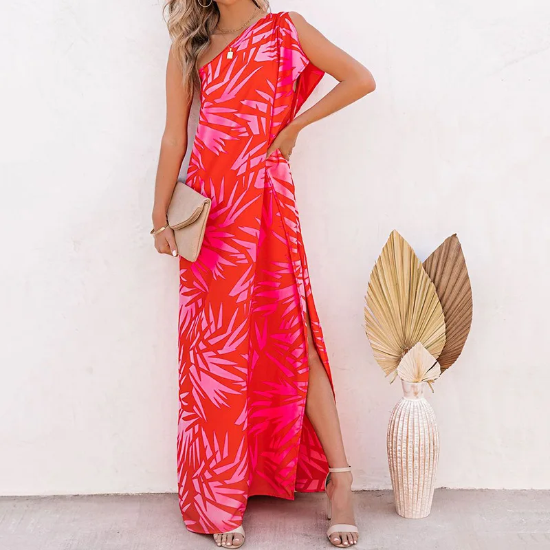 

Spring/Summer 2023 Printed Dress Ladies Long Dress with Irregular Slit One Shoulder Dress for Women
