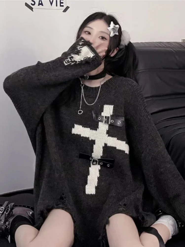 

Deeptown Dark Academy Black Sweater Women Gothic Goth Punk Harajuku Oversize Pullovers Long Sleeve Top 2023 Autumn Winter