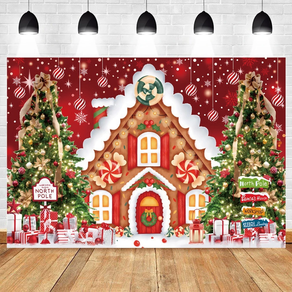 

Christmas Backdrop for Photography Xmas Tree Gingerbread House Candy Gifts Red Bells Baby Portrait Family Party Photo Background