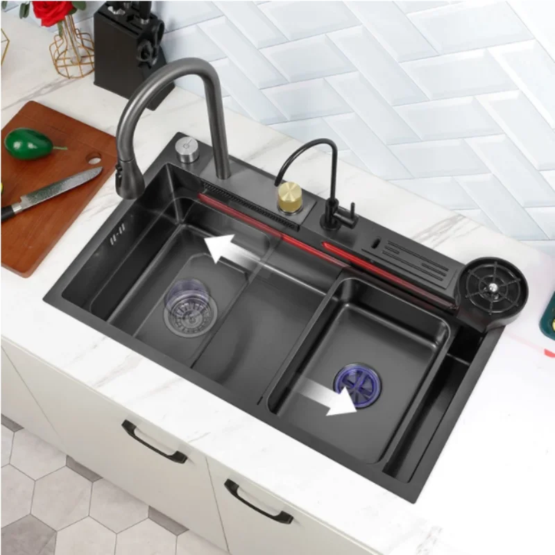 Nano 304 Stainless Steel Flying Rain Waterfall Sink Large SingleTrough Vegetable Basin kitchen accessories kitchen sink Kitchen Cup Washer Household Lleft Side