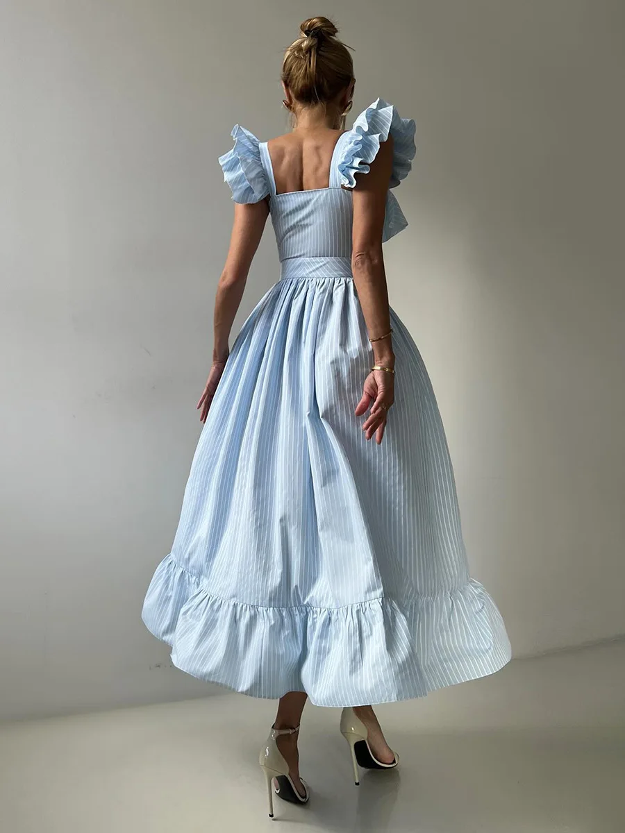 Bornladies Women's 2025 Summer New Striped Dress Button Front Slim Fitted Waist Midi Dress Flutter Sleeves Side Slit