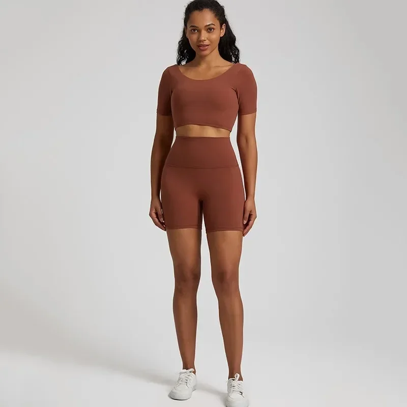 Lemon Soft Women Sport Suit High Waist Short Sleeve T-Shirt 2pc Short Legging Yoga Set Gym Workout Training Jog Hollow Out