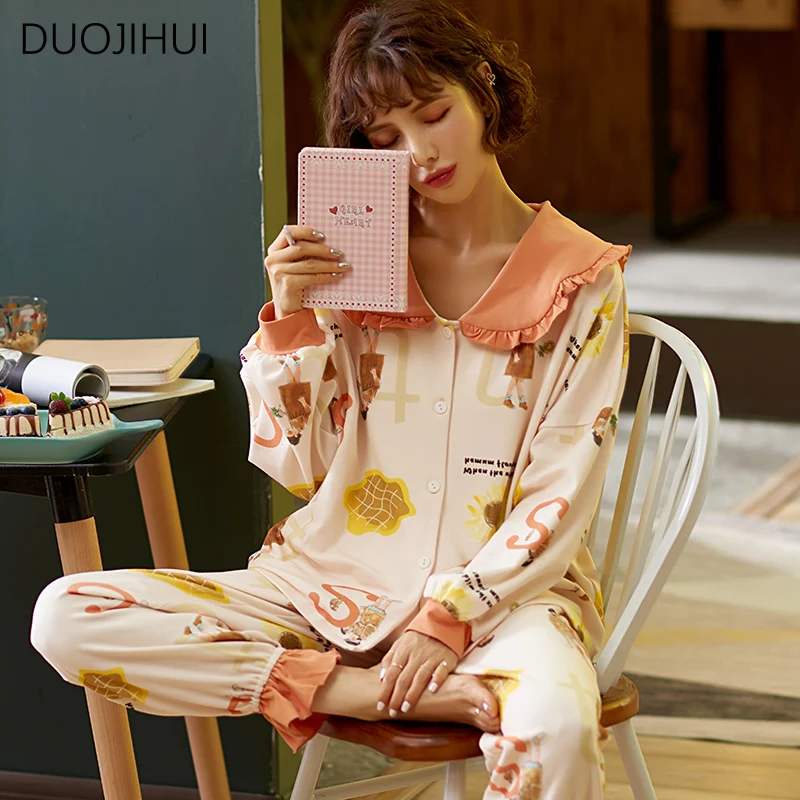 DUOJIHUI Two Piece Chicly Sweet Printing Loose Female Sleepwear Basic Button Cardigan Fashion Pant Casual Home Pajamas for Women