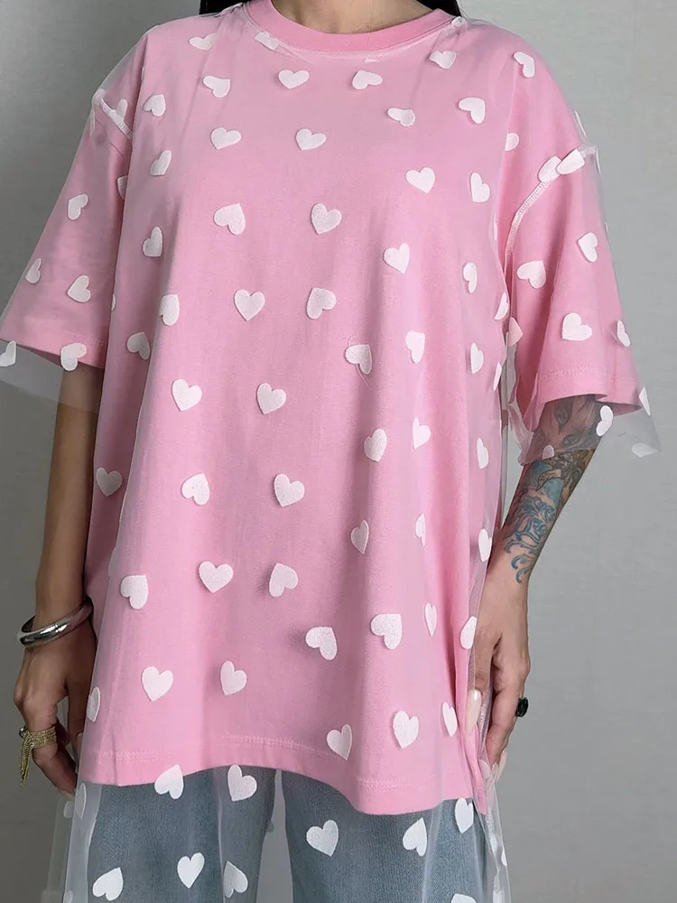 Long Mesh T Shirt Dress For Women Short Sleeve Heart Tulle Fake Two Piece Dresses WOmen's White Loose Maxi Dress With Heart Red