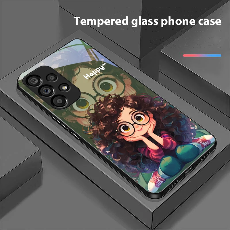 Curly Haired Girl Black Tempered Glass Phone Case - Hard Shell