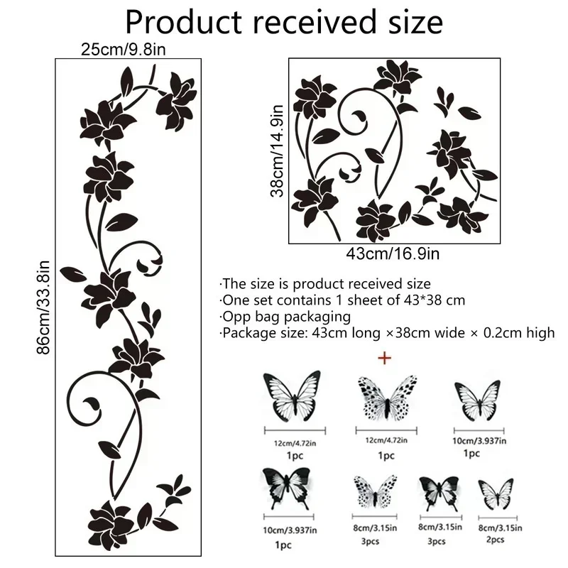 Black Flower Vine 3D Butterfly Wall Sticker 3