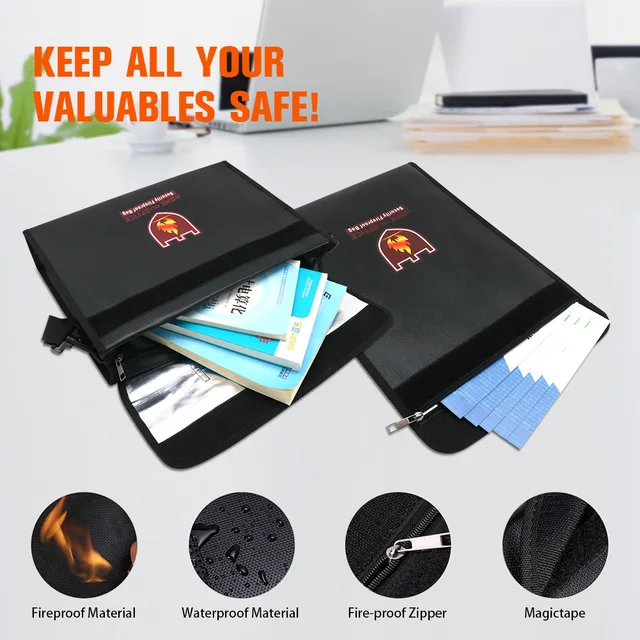 Double Zipper Fireproof Document Bag Pouch Organizer Silicone Coated Fire Water