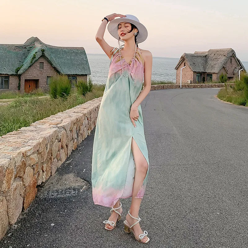 

Women Long Slip Dress Sundress Summer 2022 Runway Backless Korean Fairy Casual Sea Beach Vacation Party Night Halter Dresses New