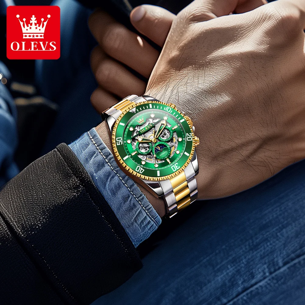 OLEVS 6715 Men's Watch Hollow Date Automatic Mechanical Watch For Men 43mm Big Dial Moon Phase Fashion Waterproof Man Wristwatch