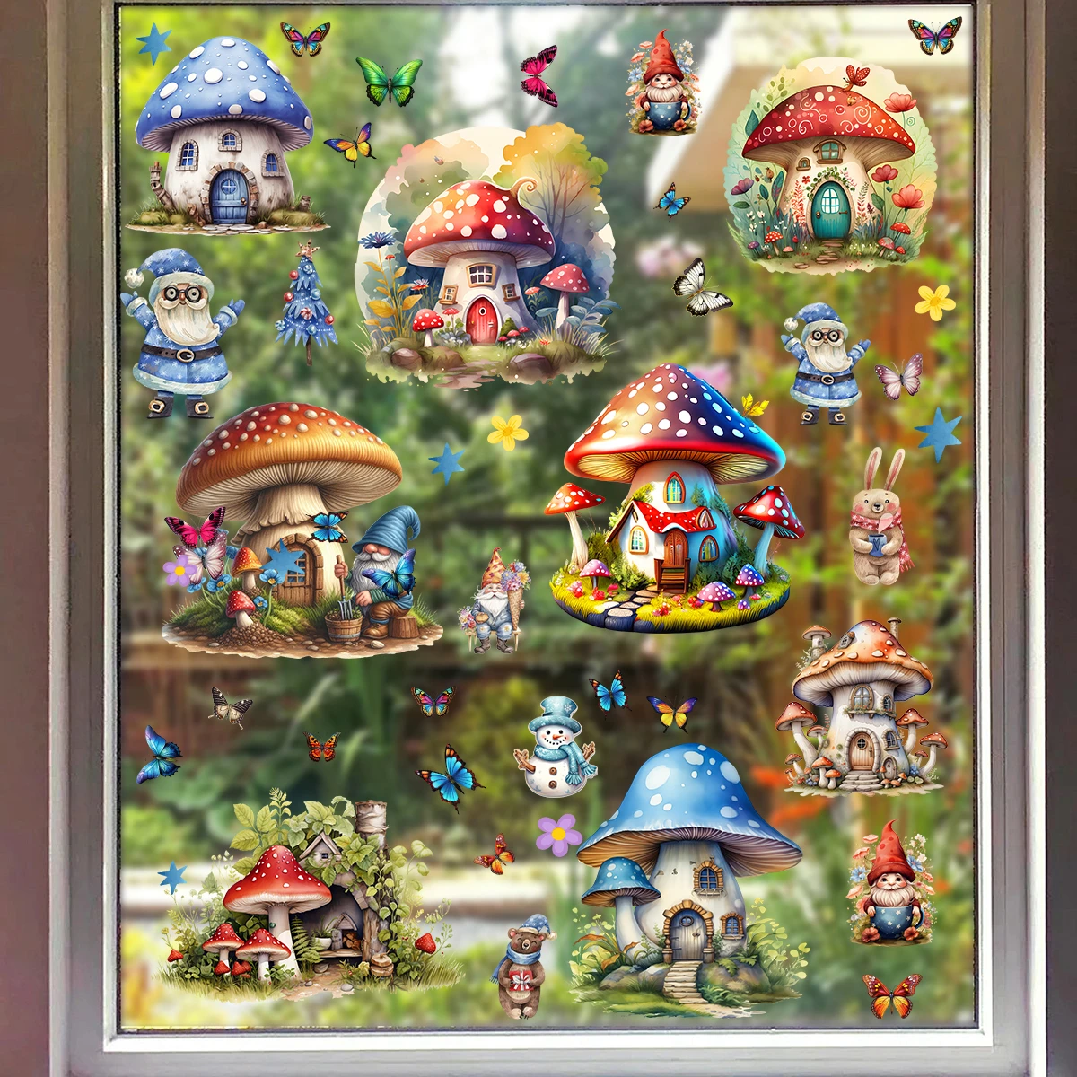 Cartoon Mushroom House Fairy Door Wall Sticker Double-Sided Printed Glue-Free Electrostatic Glass Film Shop Window Decoration